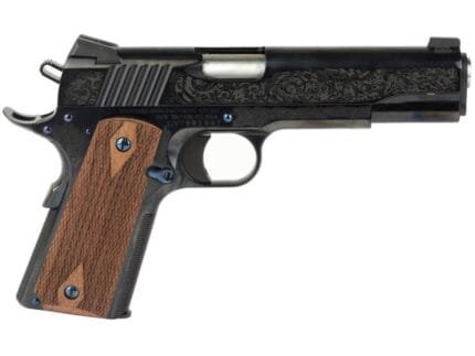 Standard Mfg 1911 Handgun .45 ACP 7rd Magazine 5" Barrel Black and Royal Blue Engraving with Brown Grips